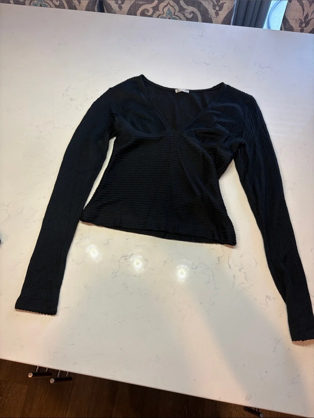 Free People Black Ribbed Long-Sleeve V-Neck Top